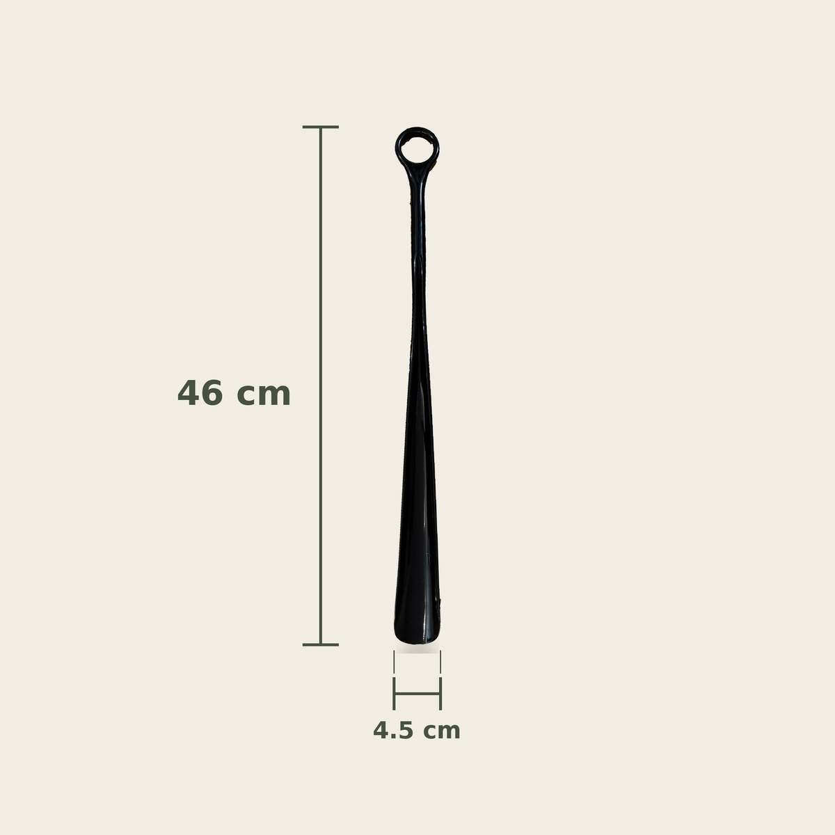 Long reach shoe horn in black, with the 46cm length and 4.5cm scoop width marked