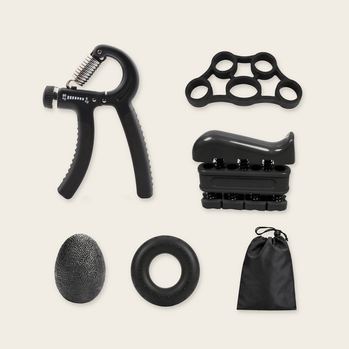 Complete Grip Strength Kit: adjustable hand gripper, finger stretcher, finger trainer, egg, grip ring and drawstring carry bag on a cream background