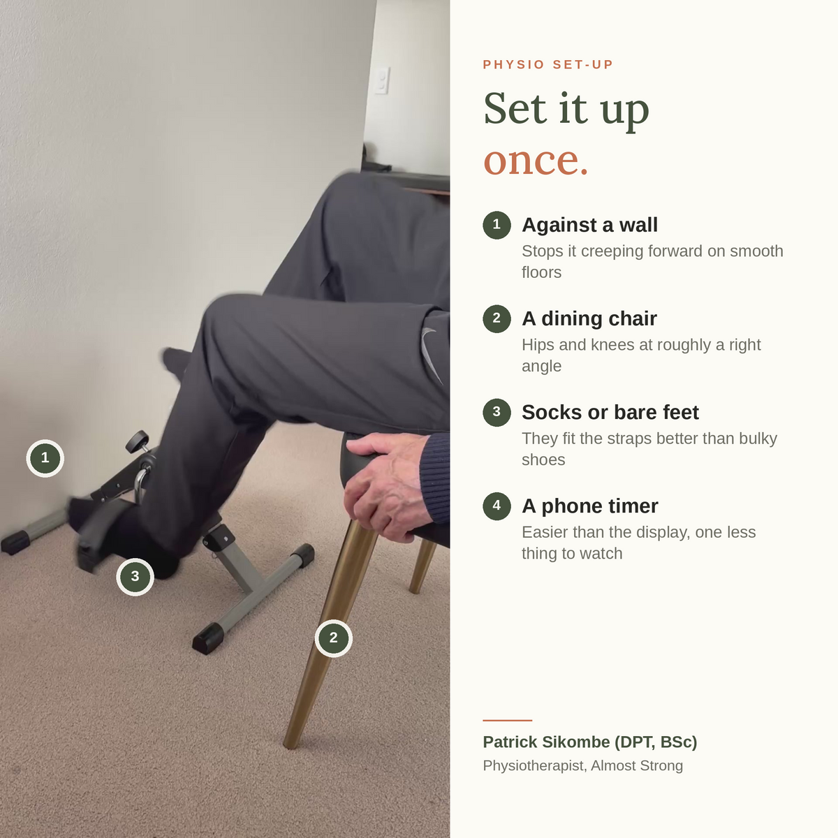 Physio set-up tips: pedals against a wall, a dining chair, socks or bare feet, and a phone timer