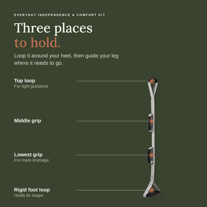 Three places to hold. The triple grip leg lifter: top loop for light guidance, middle grip, lowest grip for more leverage, and a rigid foot loop that holds its shape.