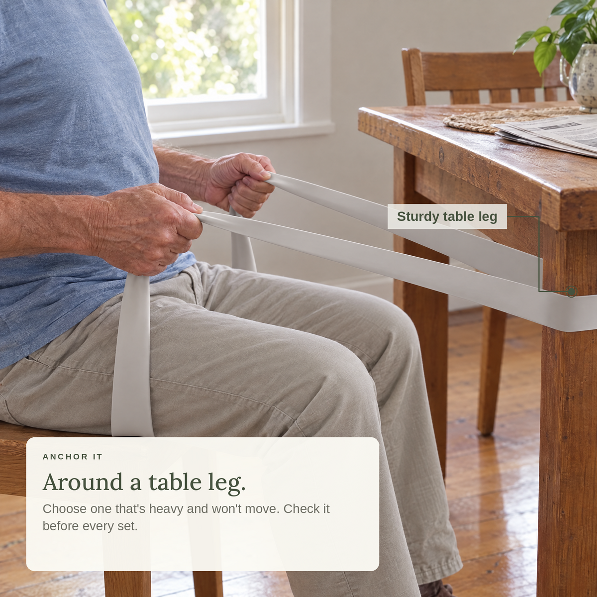 Anchor it around a sturdy table leg that won't move, and check it before every set.