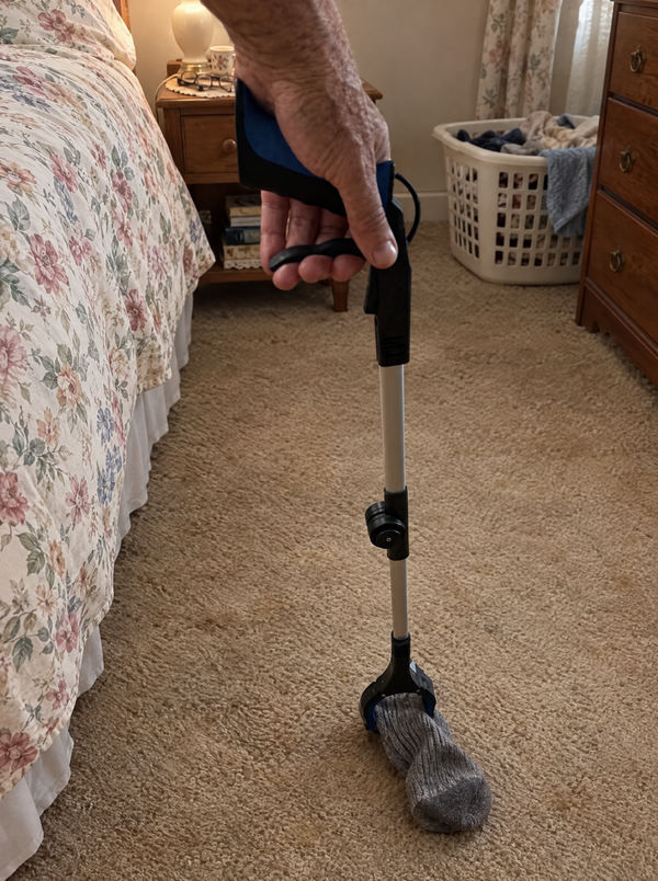 Using the foldable grabber to pick a sock up off the bedroom carpet