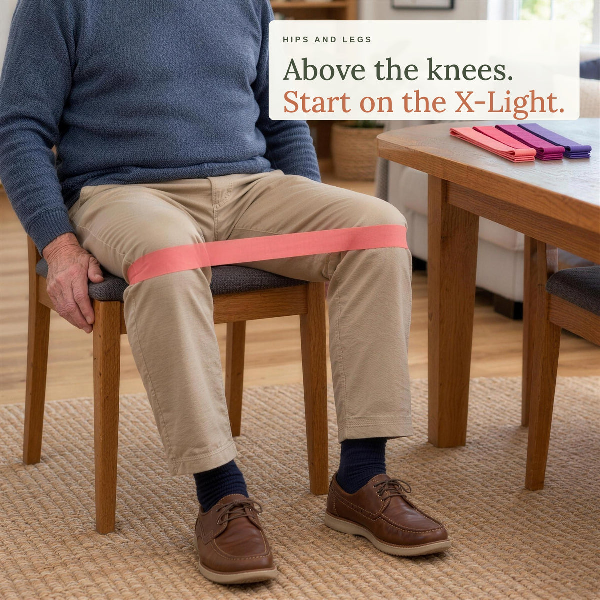 Seated with a loop band just above the knees