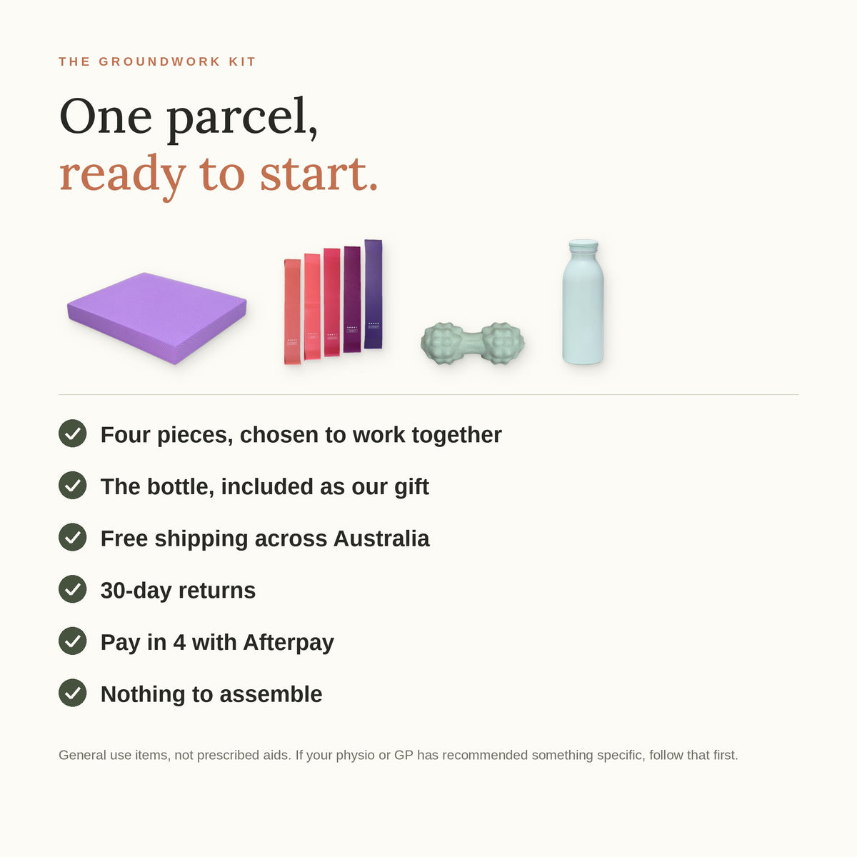 One parcel, ready to start: free shipping, 30-day returns, Afterpay, the bottle included as our gift