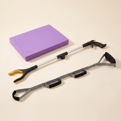 Three-quarter view of the Balance & Independence Kit with the balance pad, grabber and leg lifter strap.