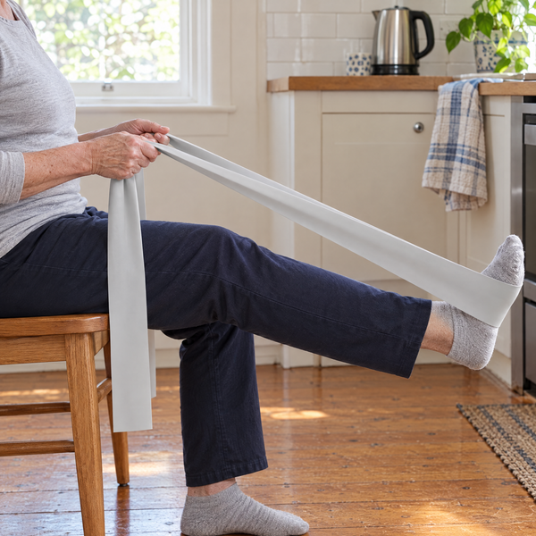 An older woman seated on a kitchen chair with the long resistance band around her foot, pressing her leg out straight.