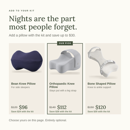 Add a pillow to your kit: Bean Knee Pillow $96 (was $120), Orthopaedic Knee Pillow with leg strap $112 (was $140, our pick), Bone Shaped Pillow $120 (was $150)