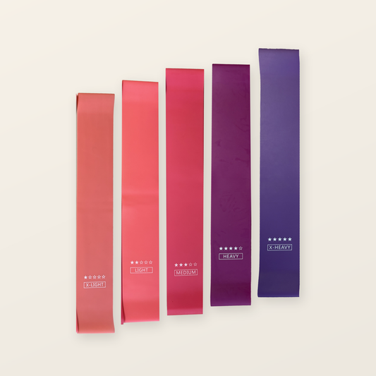 Five latex loop bands from X-Light to X-Heavy, laid out from lightest to heaviest