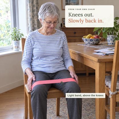 Woman seated on a dining chair with the Light loop band just above her knees
