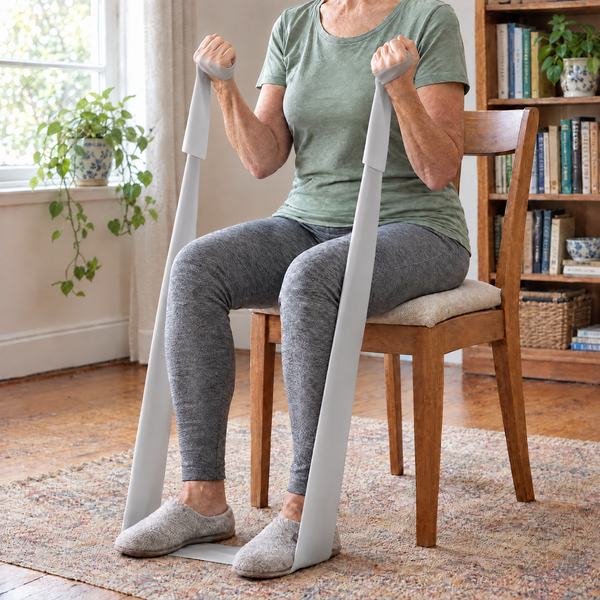 Woman seated on a chair doing a bicep curl with the band anchored under both feet