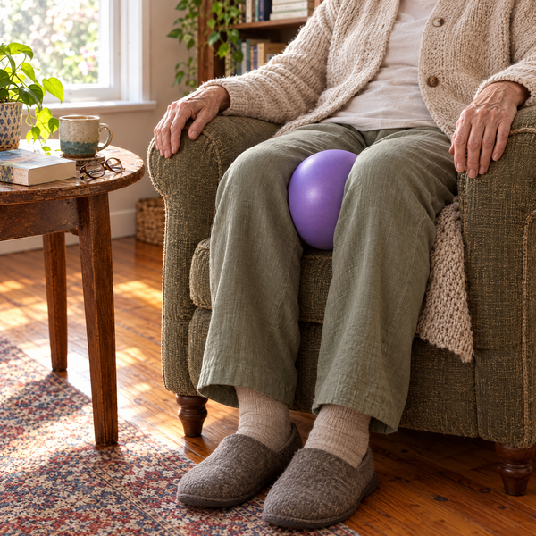 Woman seated in an armchair squeezing the ball between her knees
