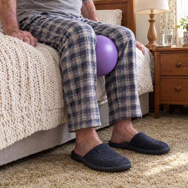 Man sitting on the edge of his bed squeezing the ball between his knees