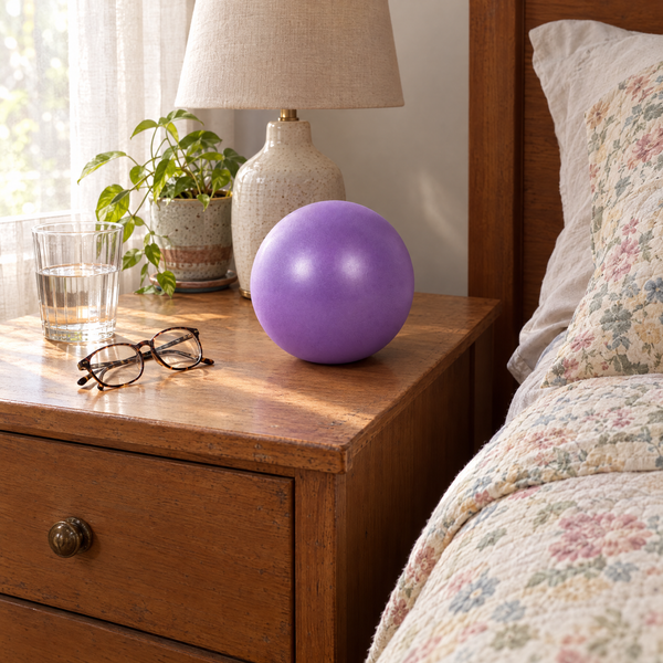 The ball on a bedside table next to reading glasses and a glass of water