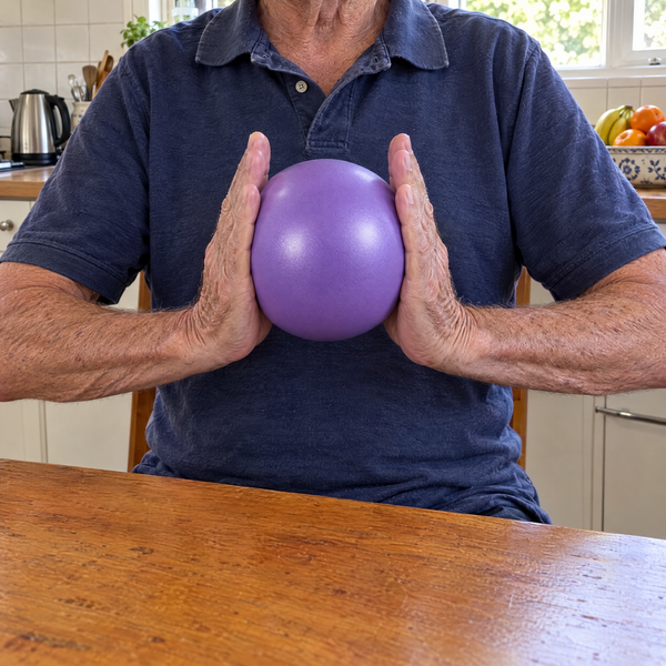 Man at a kitchen table pressing the ball between his palms