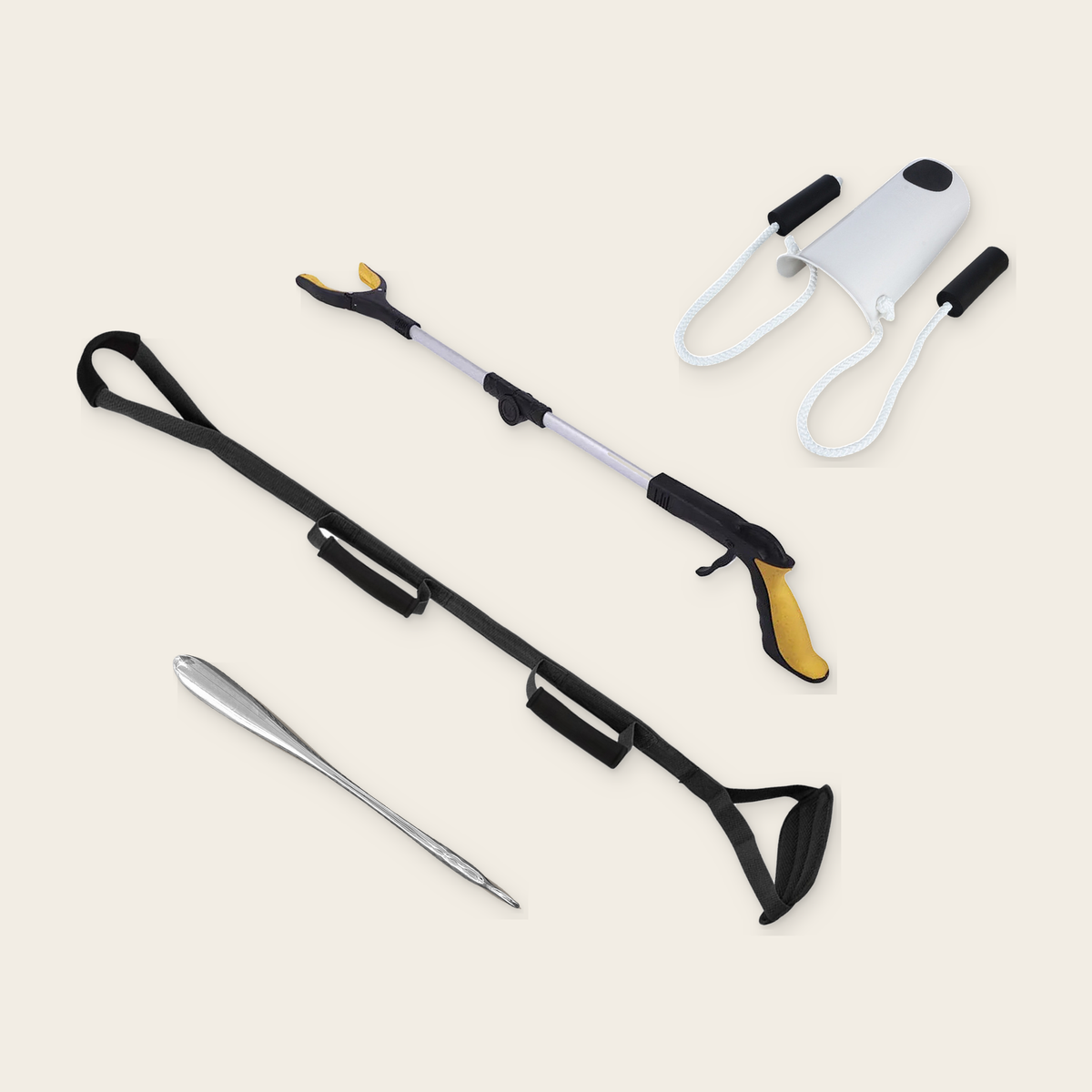 Morning Without Bending Kit on a cream background: sock aid, 52 cm steel shoe horn, orange foldable long reach grabber and black triple grip leg lifter