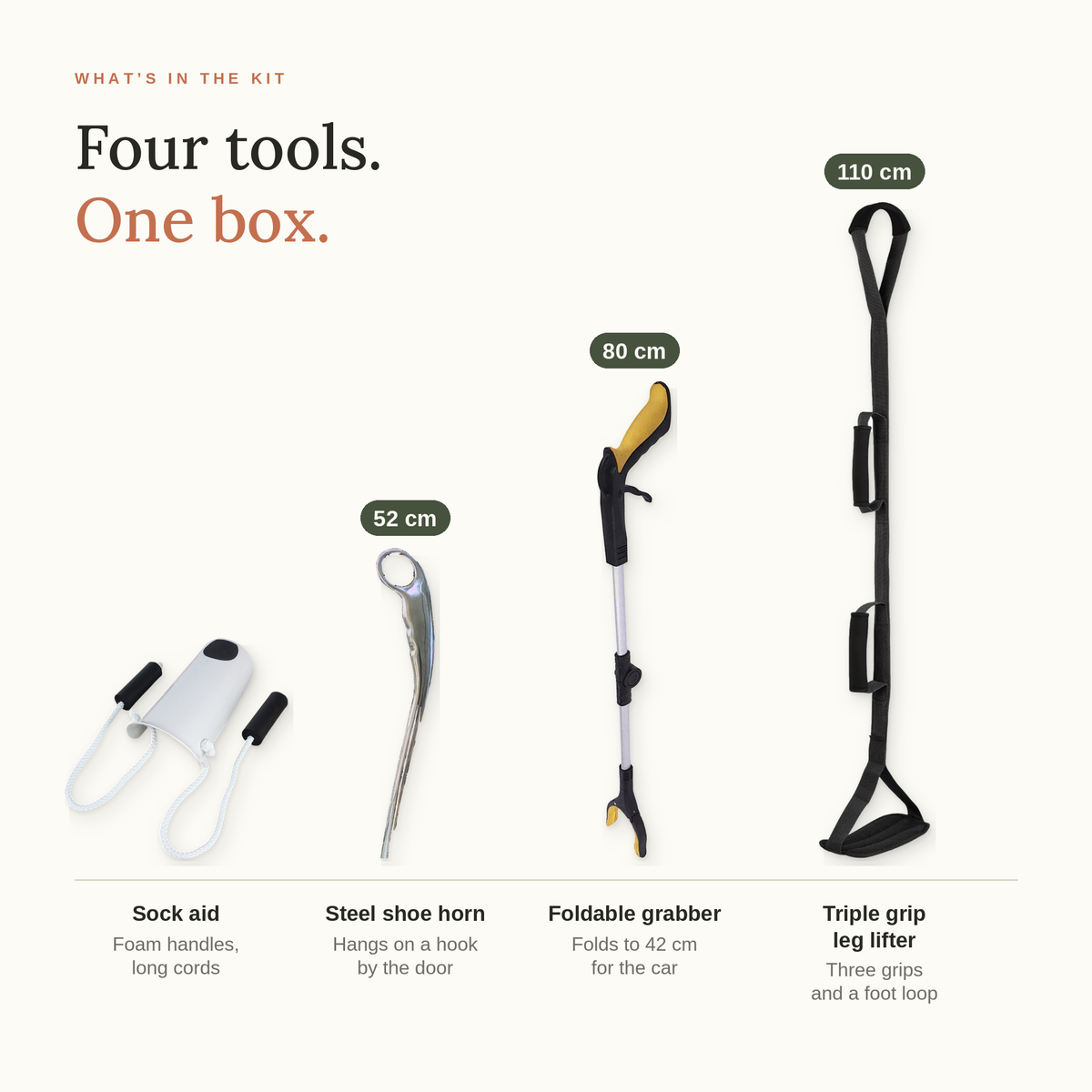 Four tools, one box: sock aid with foam handles, 52 cm steel shoe horn, 80 cm foldable grabber that folds to 42 cm, 110 cm triple grip leg lifter