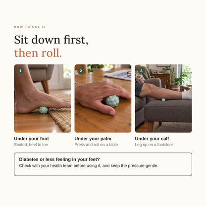 How to use the Peanut Massage Ball: under your foot, under your palm and under your calf