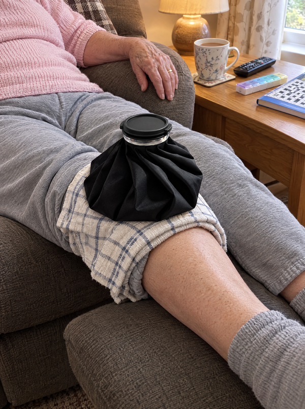 The ice bag on a tea towel over a knee, leg up in a recliner