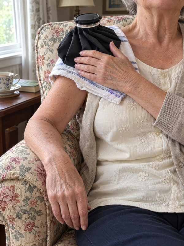 The ice bag held on a tea towel on top of the shoulder, sitting in an armchair
