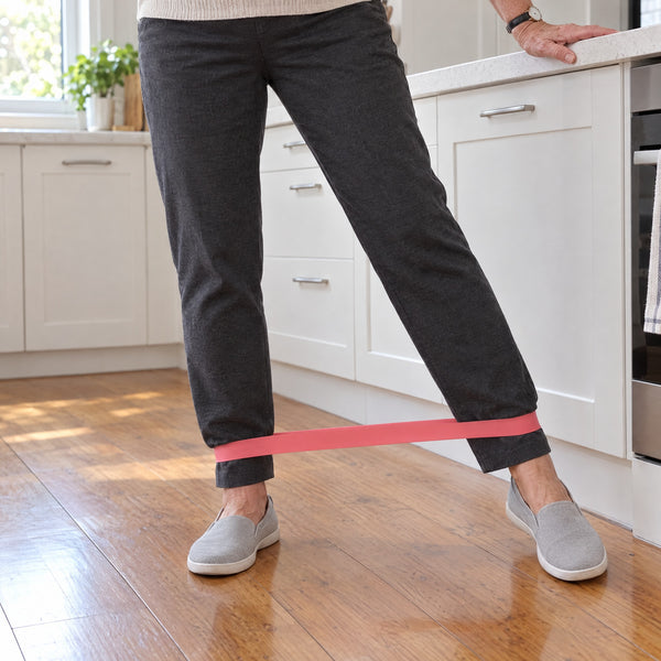 Close-up of the loop band around the ankles, one hand on the kitchen bench for balance