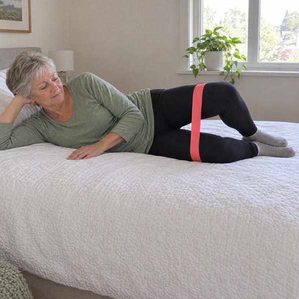 Side-lying clamshell on the bed with the loop band just above the knees