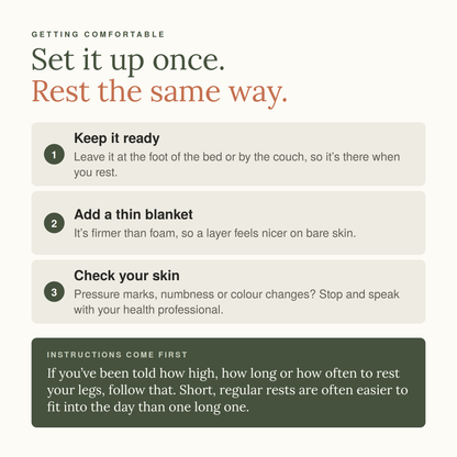 Getting comfortable on the leg wedge: keep it ready, add a thin blanket, check your skin. If you've been given instructions, follow those.